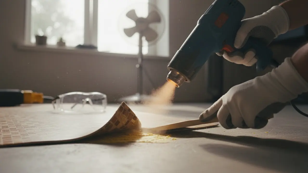 Varmpistol holdes 10–15 cm fra gulvet mens plastikskraber fjerner opvarmet lim, med ventilation