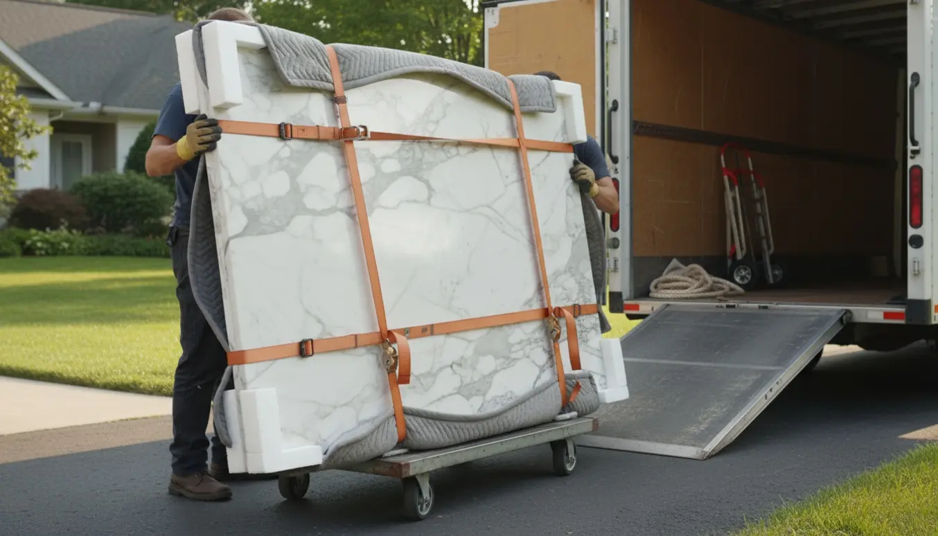Et marmorbord bliver forsigtigt læsset på en flyttebil, beskyttet med tæpper og stropper.
