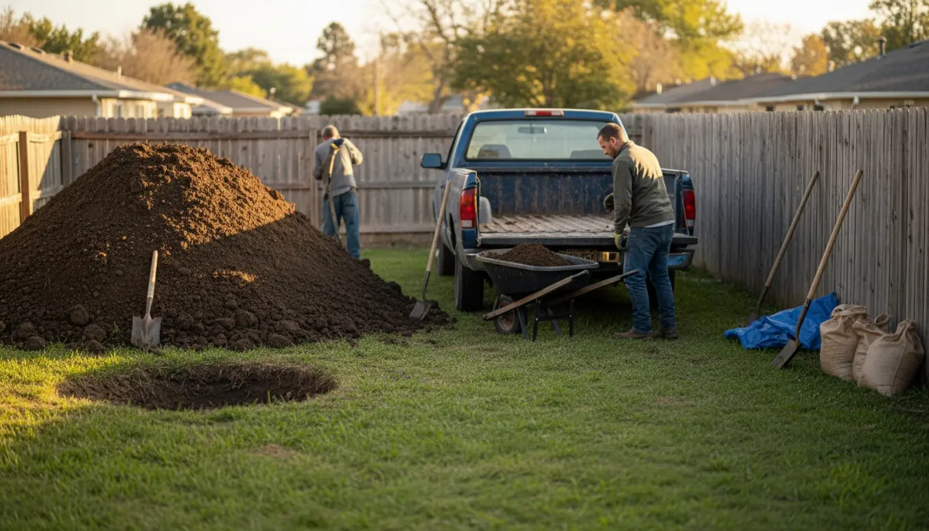 Overskydende havejord læsses i en pickup ved en nedgravet trampolin i en forstadshave.