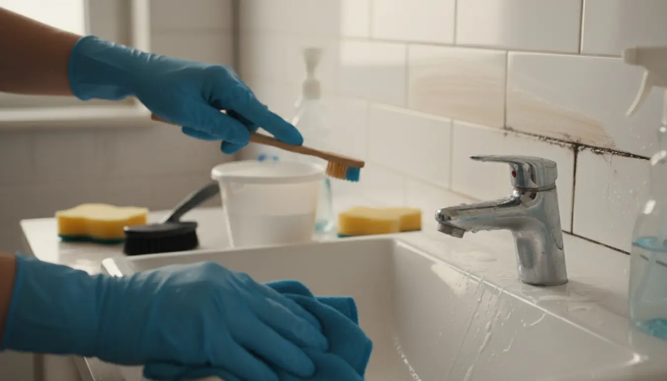 Nærbillede af et moderne badeværelse, hvor handsker og børster fjerner kalk og snavs fra fliser og armatur.