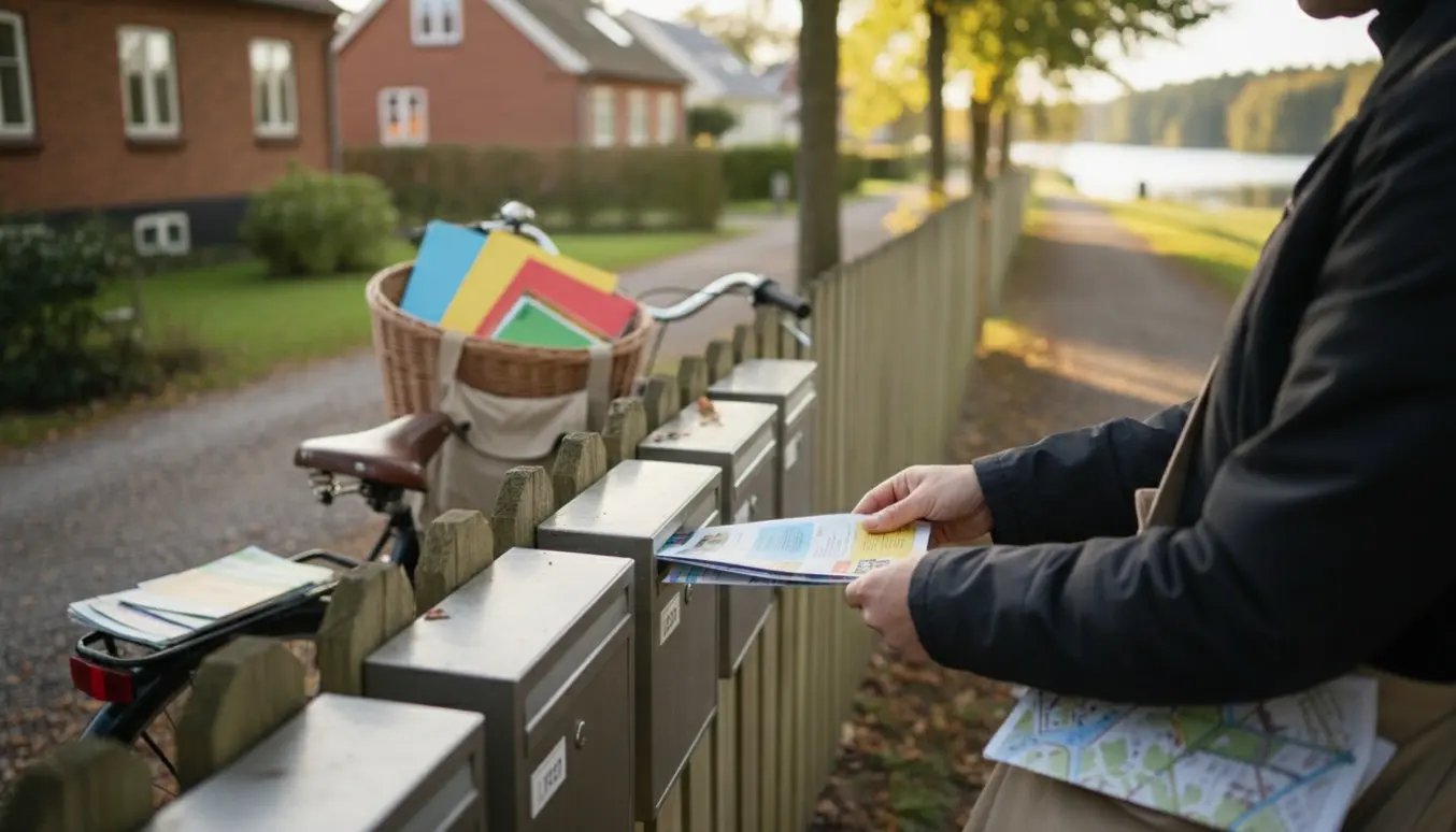 En person sætter flyers i en postkasse ved et træbevokset villakvarter i Nordsjælland.