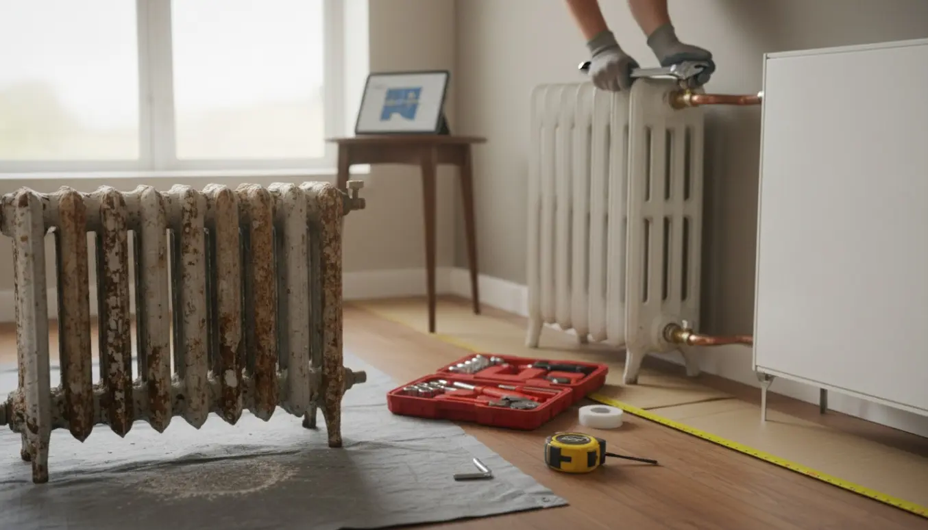 Udskiftning af tre radiatorer i en lejlighed med værktøj og håndværkerens hænder i fokus.
