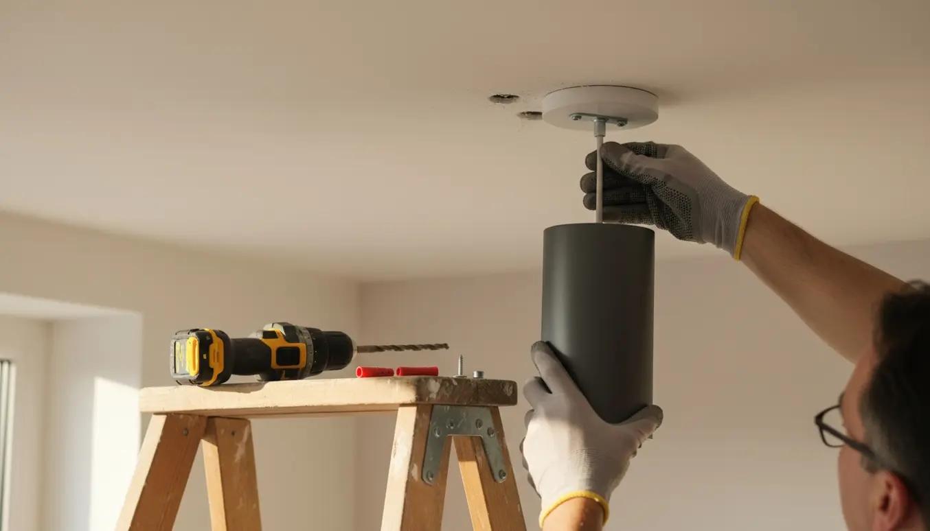 Hænder på en stige hænger en loftlampe med boreværktøj og to friske borehuller i loftet.