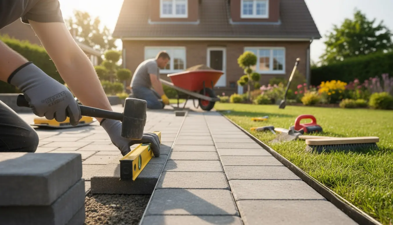 Udlægning af fliser i forhaven med håndværktøj og materialer i varmt morgenlys.