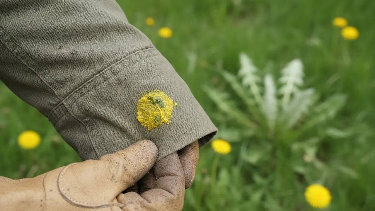 Nærbillede af frisk mælkebøttesaftplet på en jakkeærme i haven.