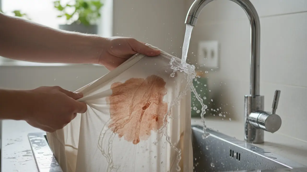 Hænder skyller et plettet stykke tøj under koldt rindende vand fra bagsiden.