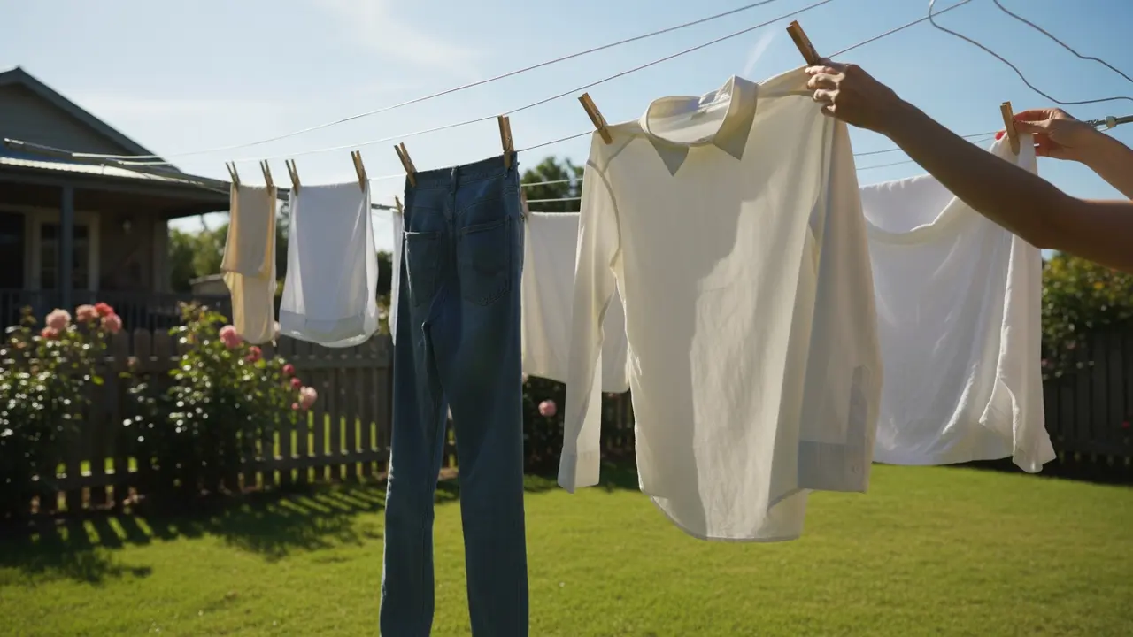 Tøj hængt til lufttørring på en tørresnor, person inspicerer tøjet i dagslys.