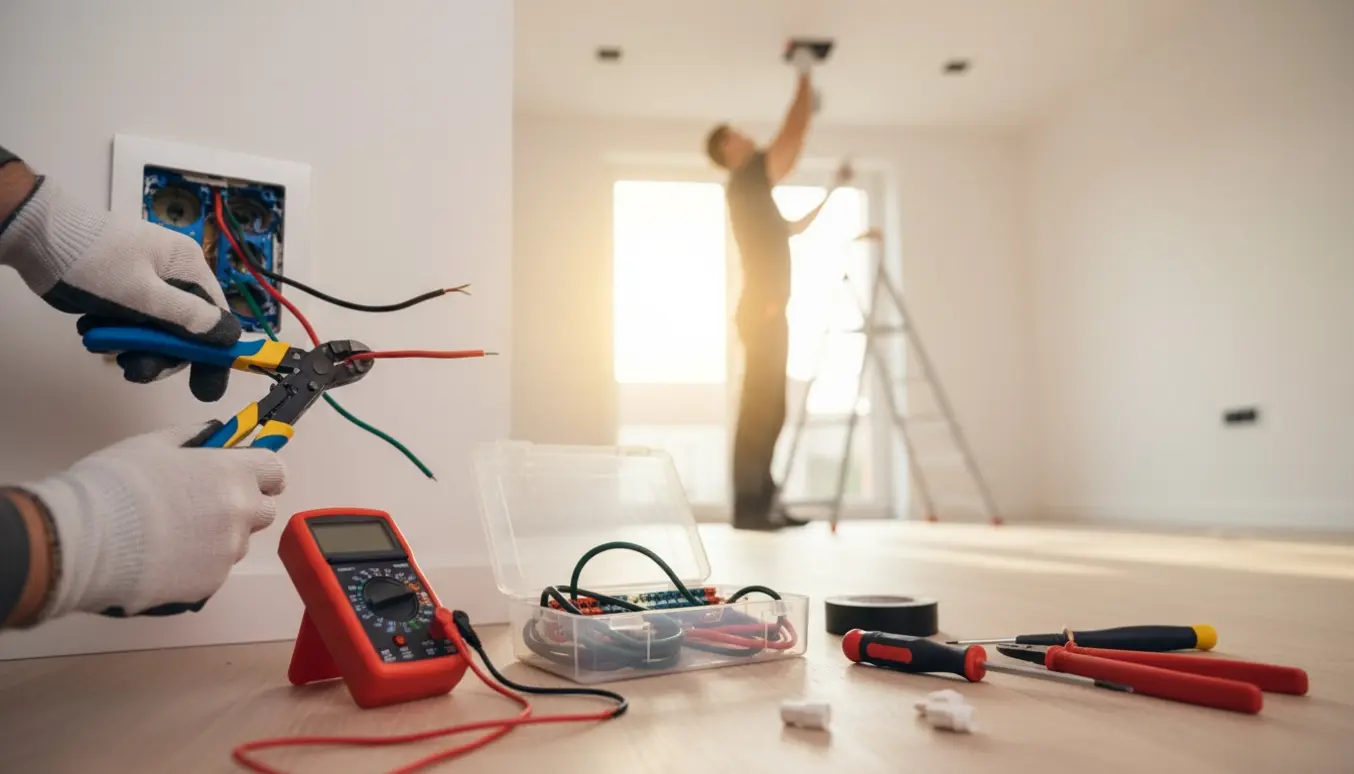 En elektriker arbejder med ledninger og værktøj i et lyst, moderne hjem, kun hænder og værktøj er tydelige.