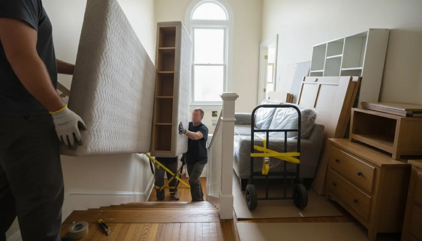 To personer bærer sammensatte møbler op ad en smal trappe til en lejlighed uden elevator.