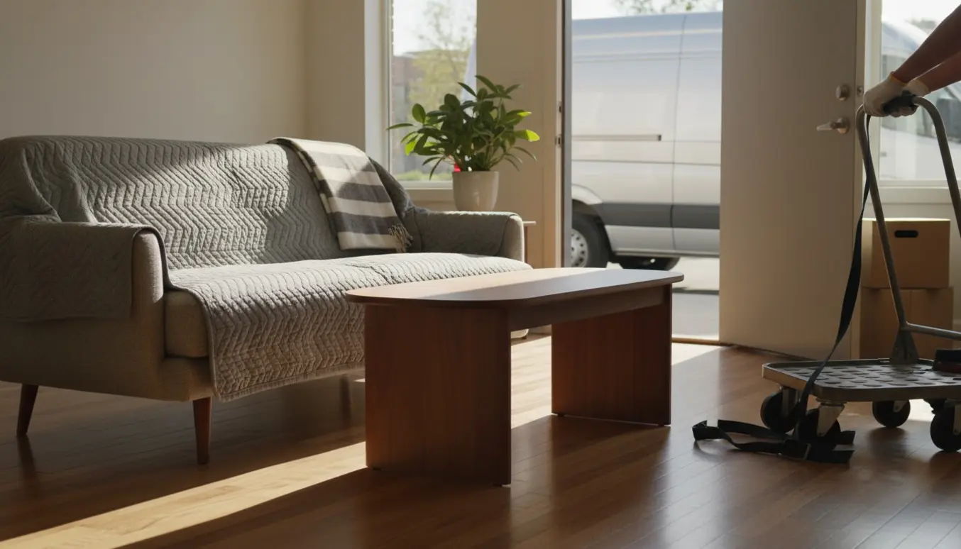 Sofa og sofabord pakket til afhentning ved en åben varevogn.