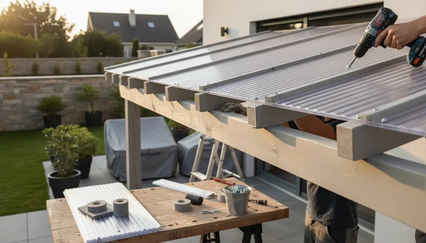 Hænder monterer gennemsigtige plasttagplader i aluminiumsskinner på et ny-malet terrasseoverdækning i sollys.