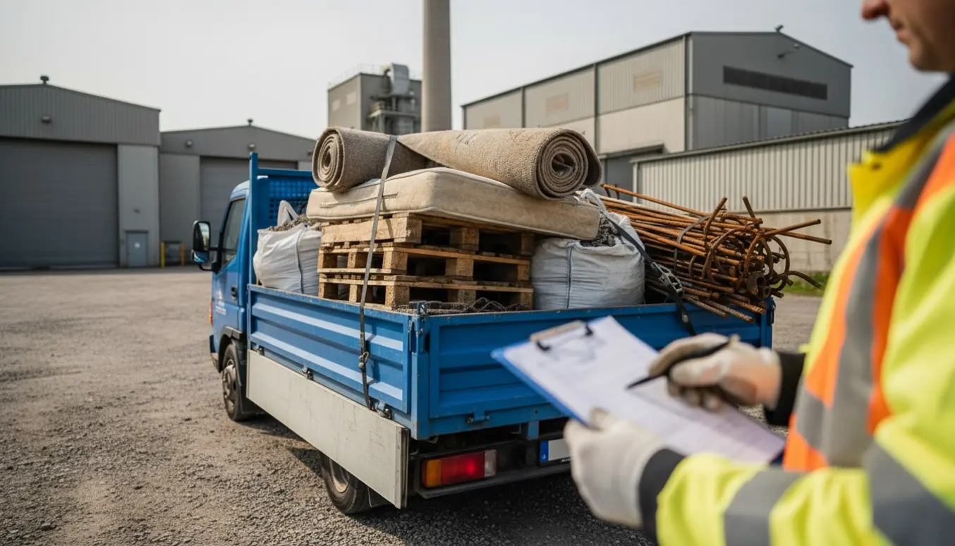 En person i refleksvest noterer et tilbud ved en lastbil fyldt med affald klar til forbrænding.