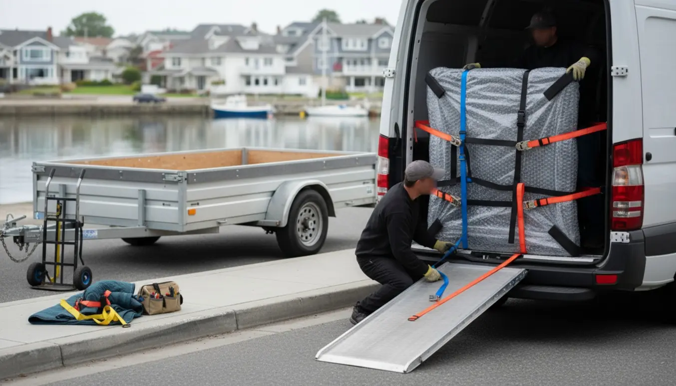 Et 75-tommer tv pakket i flyttetæpper og sikret med stropper i bagenden af en varevogn, to personer hjælper.