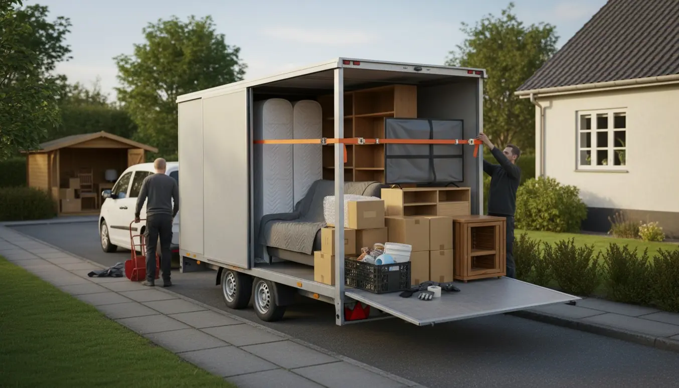 Åben flyttetrailer i en dansk forstad fyldt med møbler og flyttekasser klar til at blive læsset i et skur.