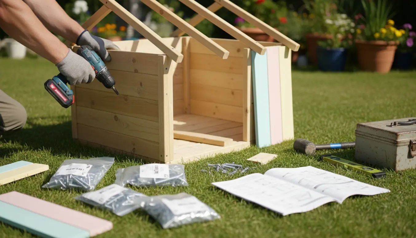 Delvist samlet lille legehus i haven med værktøj og hænder, der skruer paneler fast.