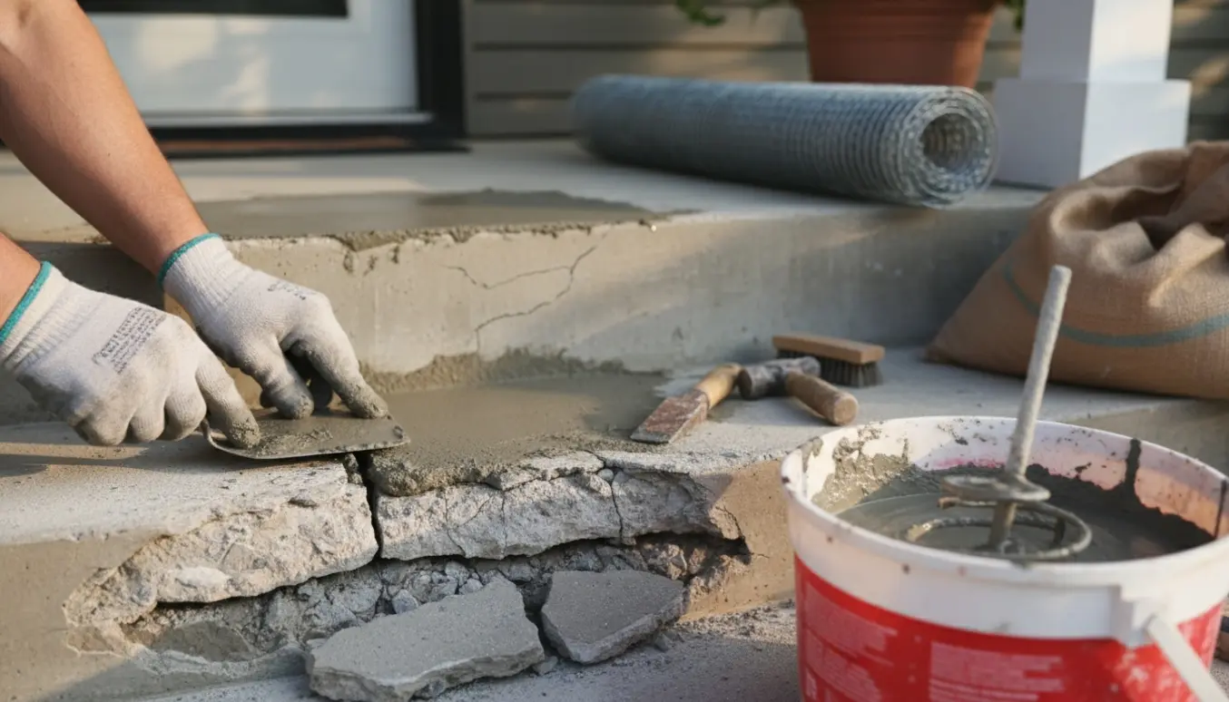 Nærbillede af reparation af revnet betontrappe med håndværktøj og frisk mørtel.