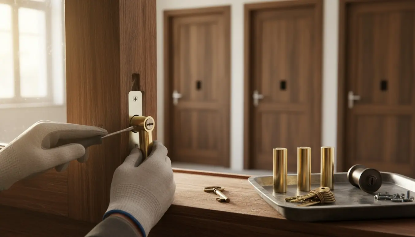 Nærbillede af hænder, der isætter en ny låsecylinder i en dør med fire identiske cylindre og en nøgle i en bakke.