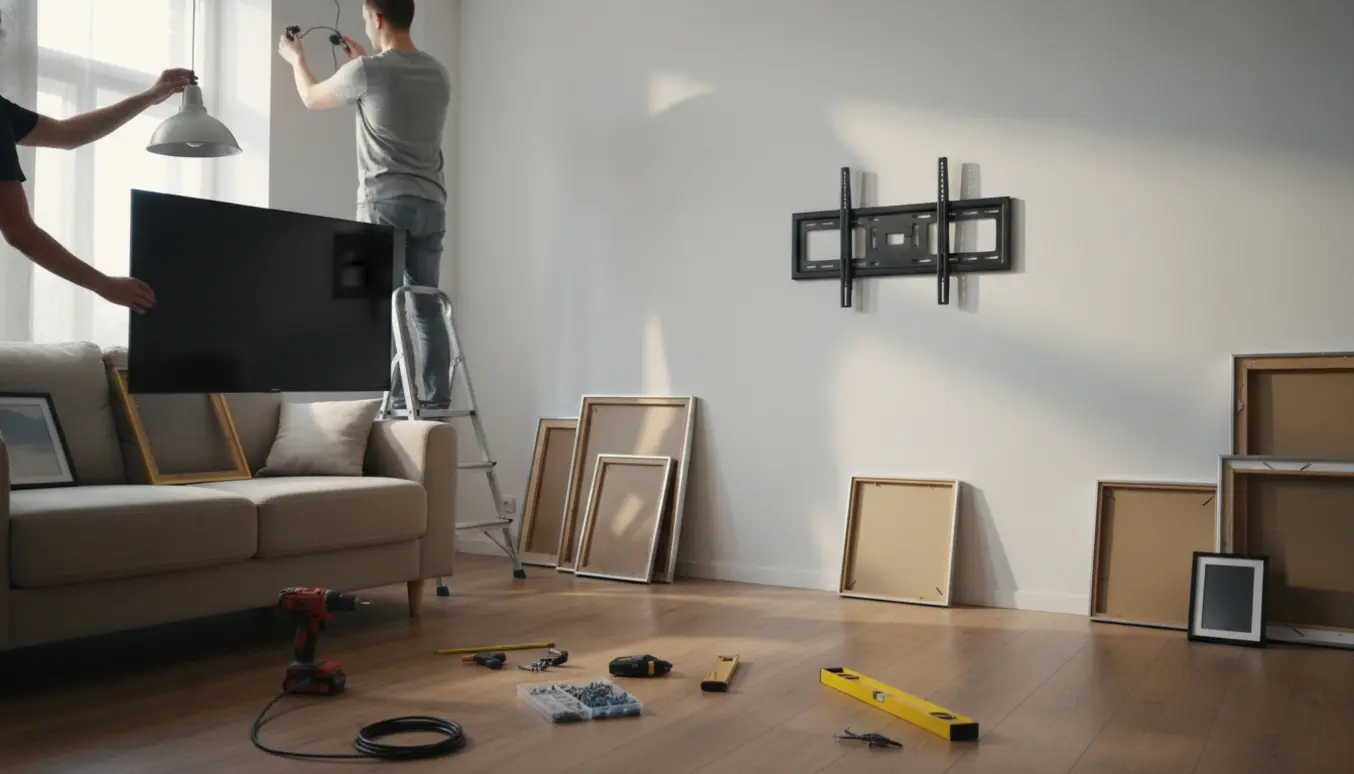 Personer bagfra monterer et TV og en lampe i en stue efter flytning, med værktøj og billeder klar på gulvet.