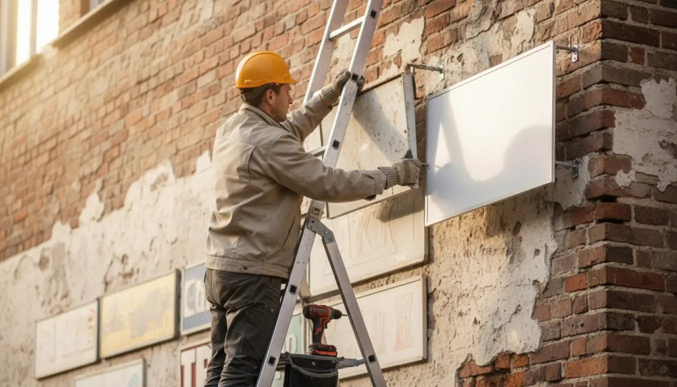 Håndværker på stige skifter et rektangulært udendørsskilt øverst på en bygning.