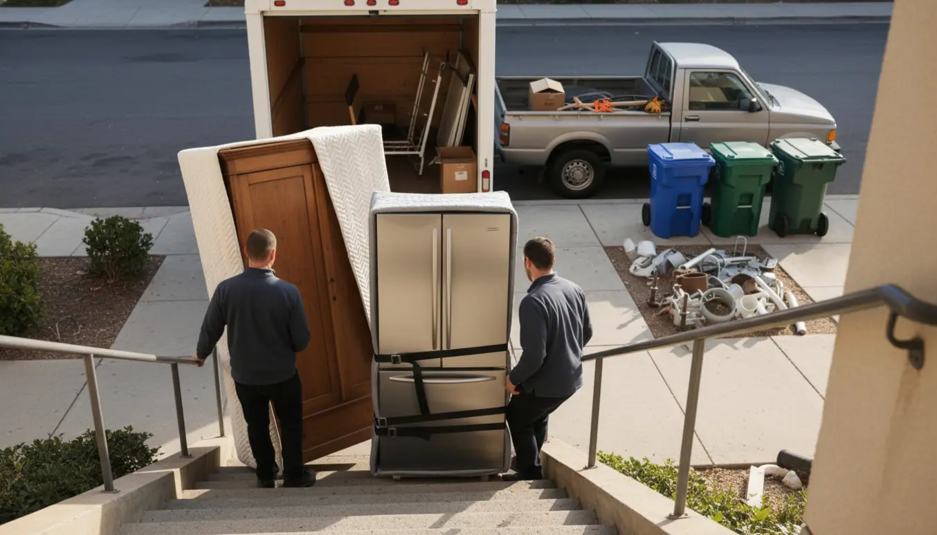 To flyttefolk bærer et stort klædeskab og et køleskab mod en flyttebil ved en genbrugsplads.