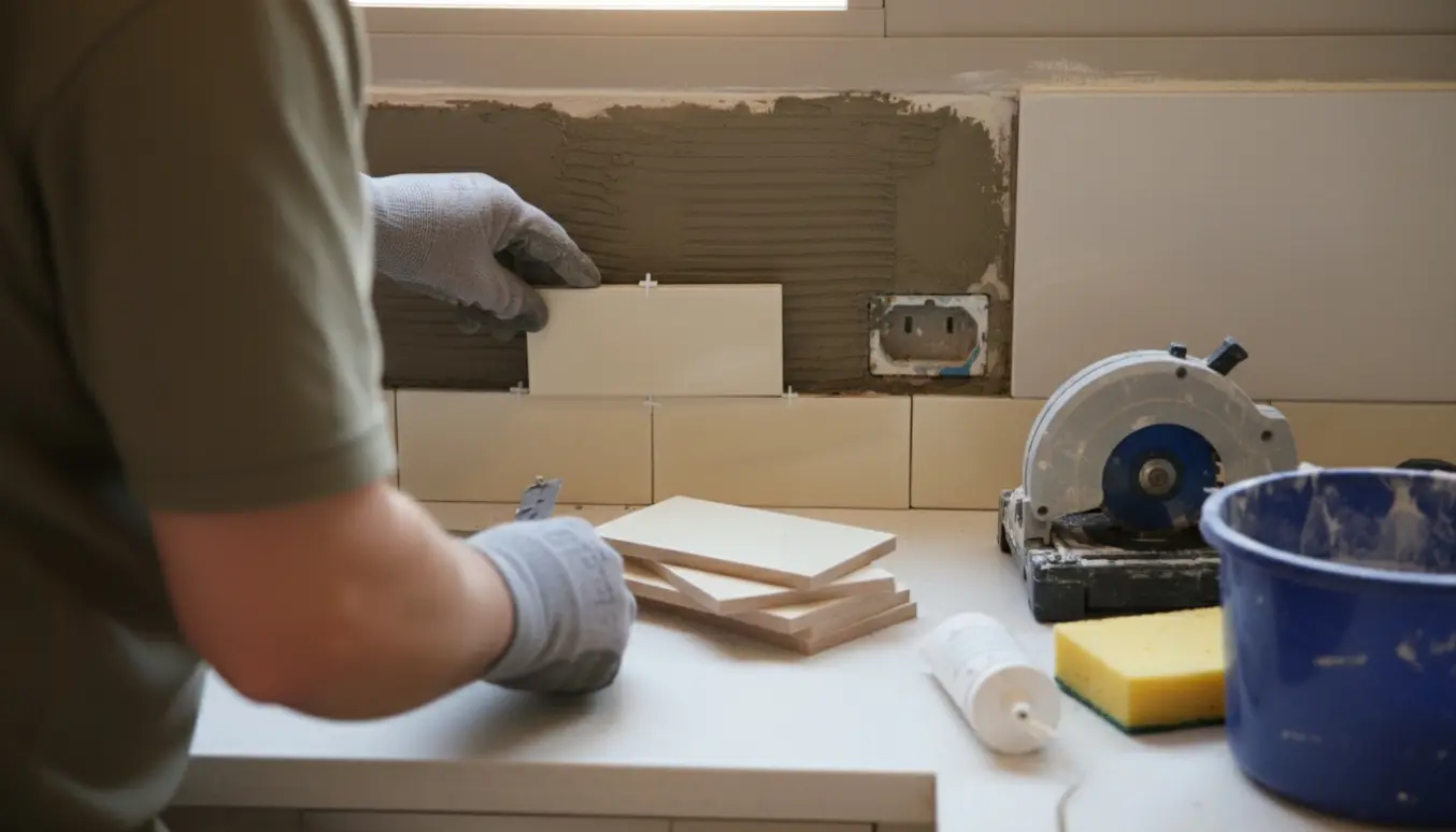 Nærbillede af en køkkenvæg, hvor fliser sættes op omkring en stikkontakt med fliseklæb, flisekryds og værktøj på bordet.