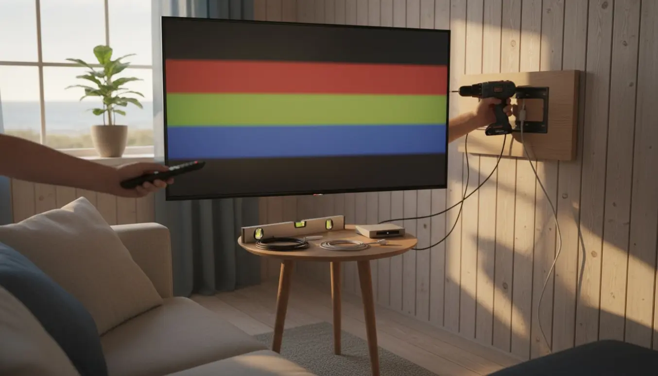 Hænder monterer et nyt fladskærms-tv i et lyst sommerhus med værktøj og kabler klar.