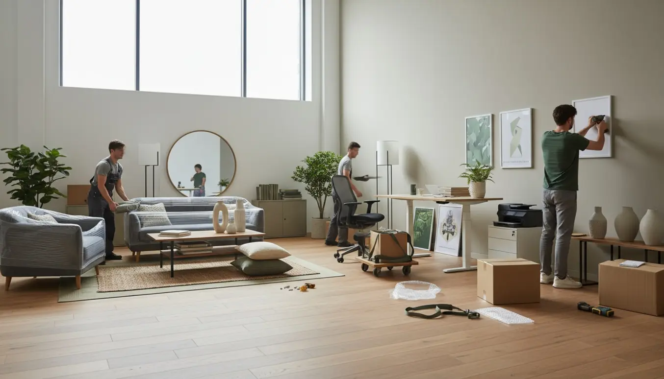 Flytning og opsætning af møbler i et lyst kontor med flyttekasser og værktøj.