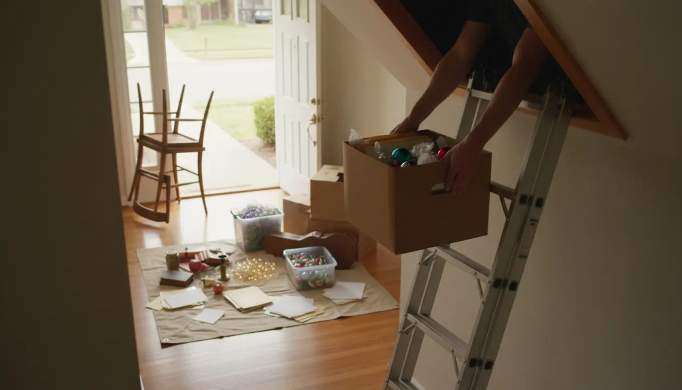Åben loftlemme med stige og flyttekasser, stole og julepynt lagt i indkørslen klar til oprydning.
