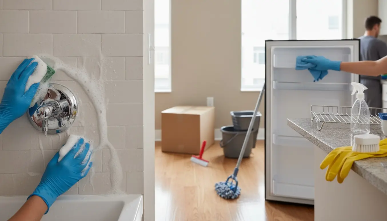 Rengøringsscene i en lejlighed under fraflytning med handsker, skrubbet badeværelsesarmatur og et åbent køleskab, klar til aflevering.