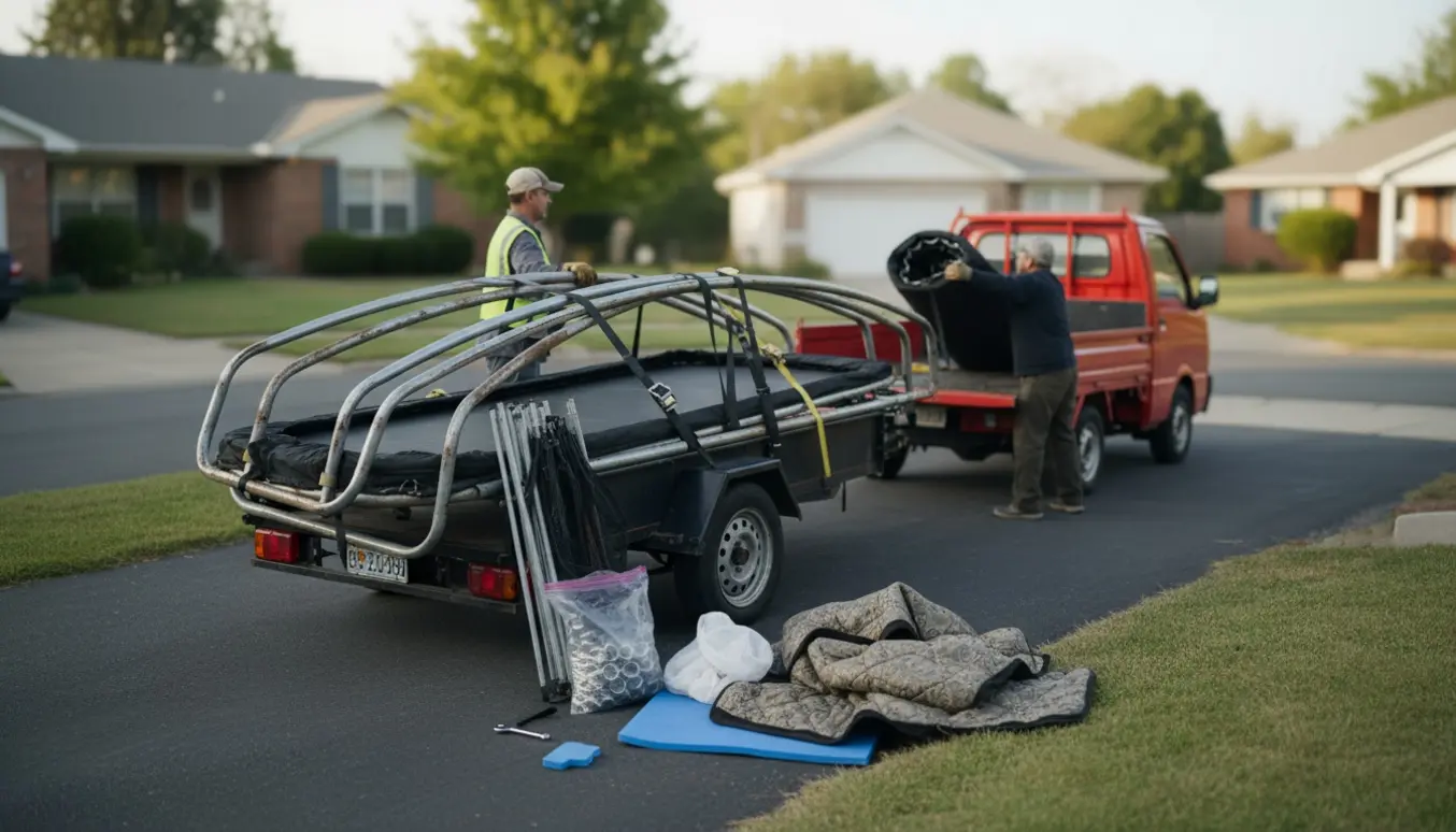 Brugte trampolinedele læsses og fastspændes på en lille varebil i en villavej.