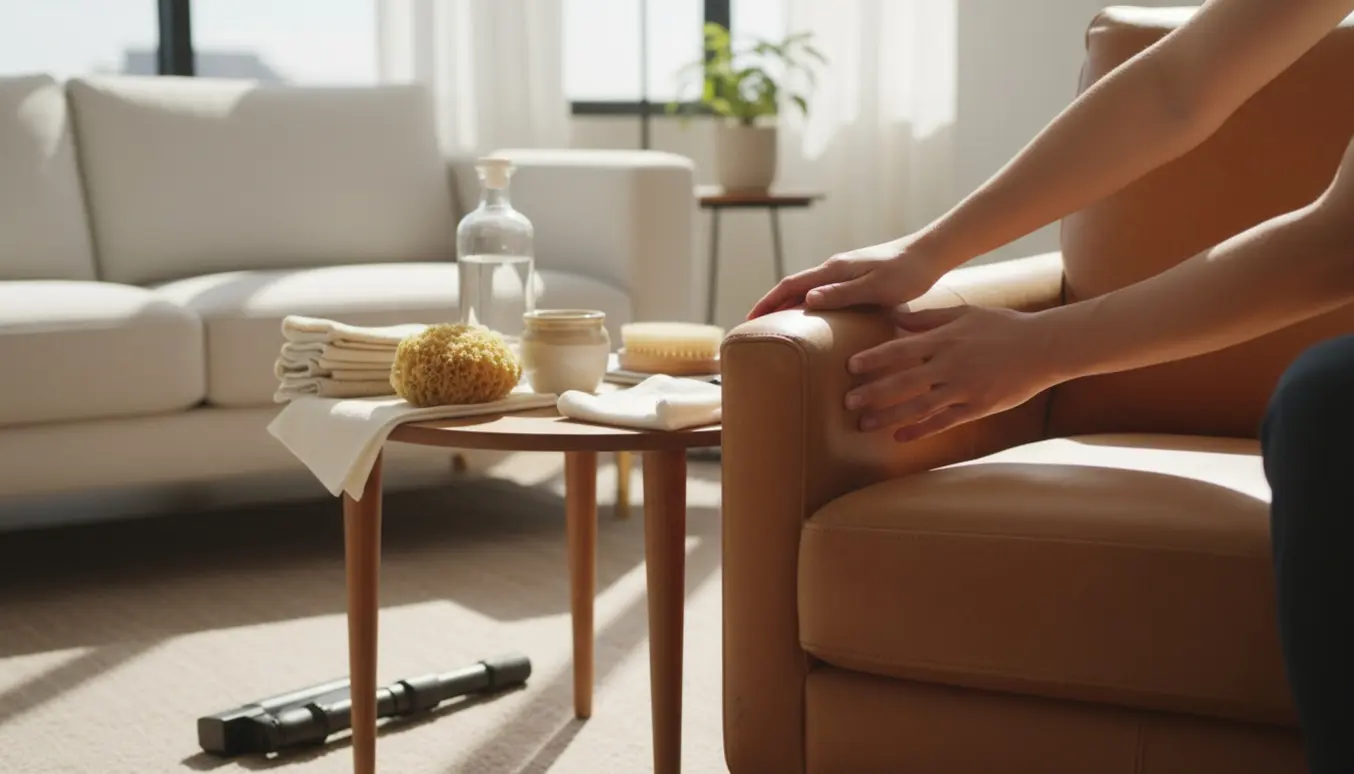 Hænder renser en læderstol med klud og læderplejeprodukter i en lys stue.