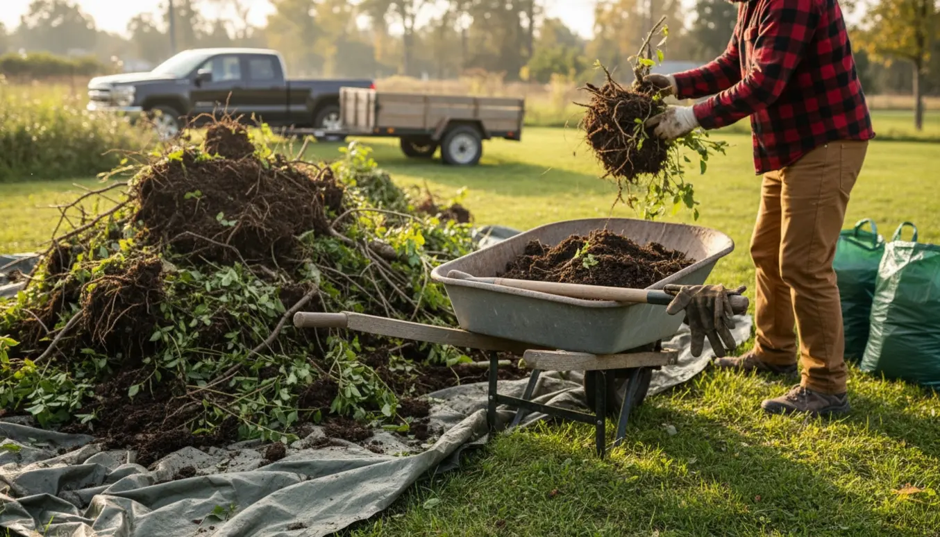 Baghave med bunke jord og grene, trillebør og en person set bagfra klar til bortskaffelse.