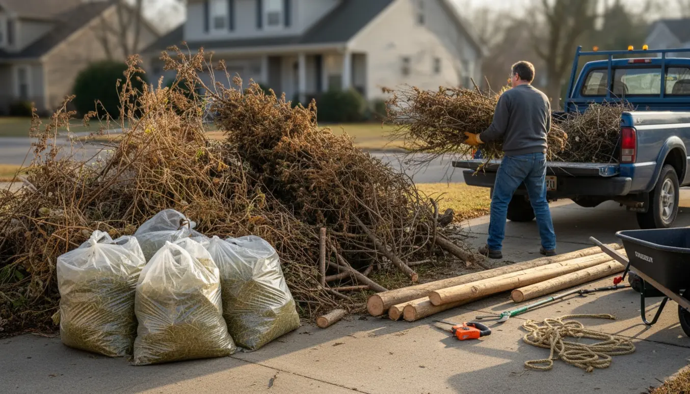 Bunke haveaffald i indkørsel med græsposer, grene, et juletræ og dele af en træflagstang klar til afhentning.