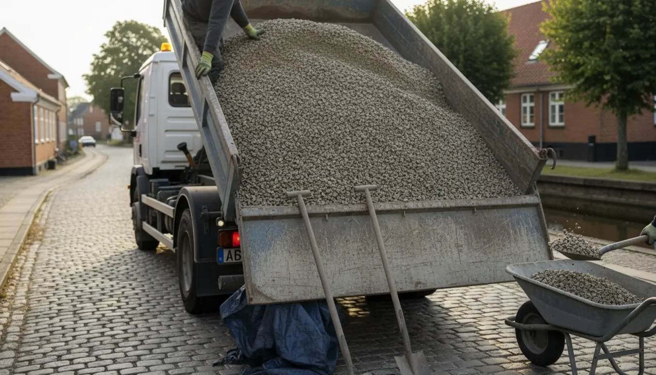 Tippertruck læsset med grus på en stille vej i en dansk småby, klar til lokal levering.