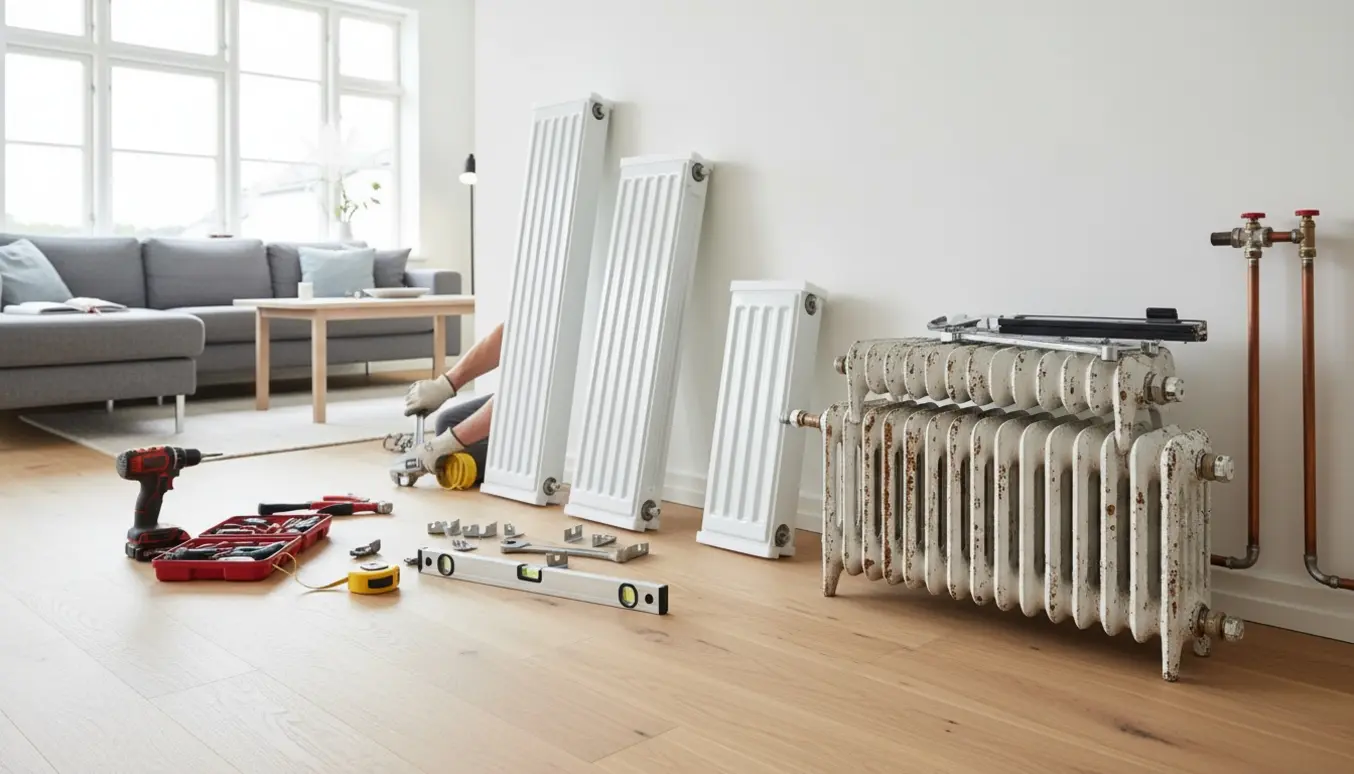 Nye og gamle radiatorer samt værktøj i en lys stue i et rækkehus, klar til udskiftning.