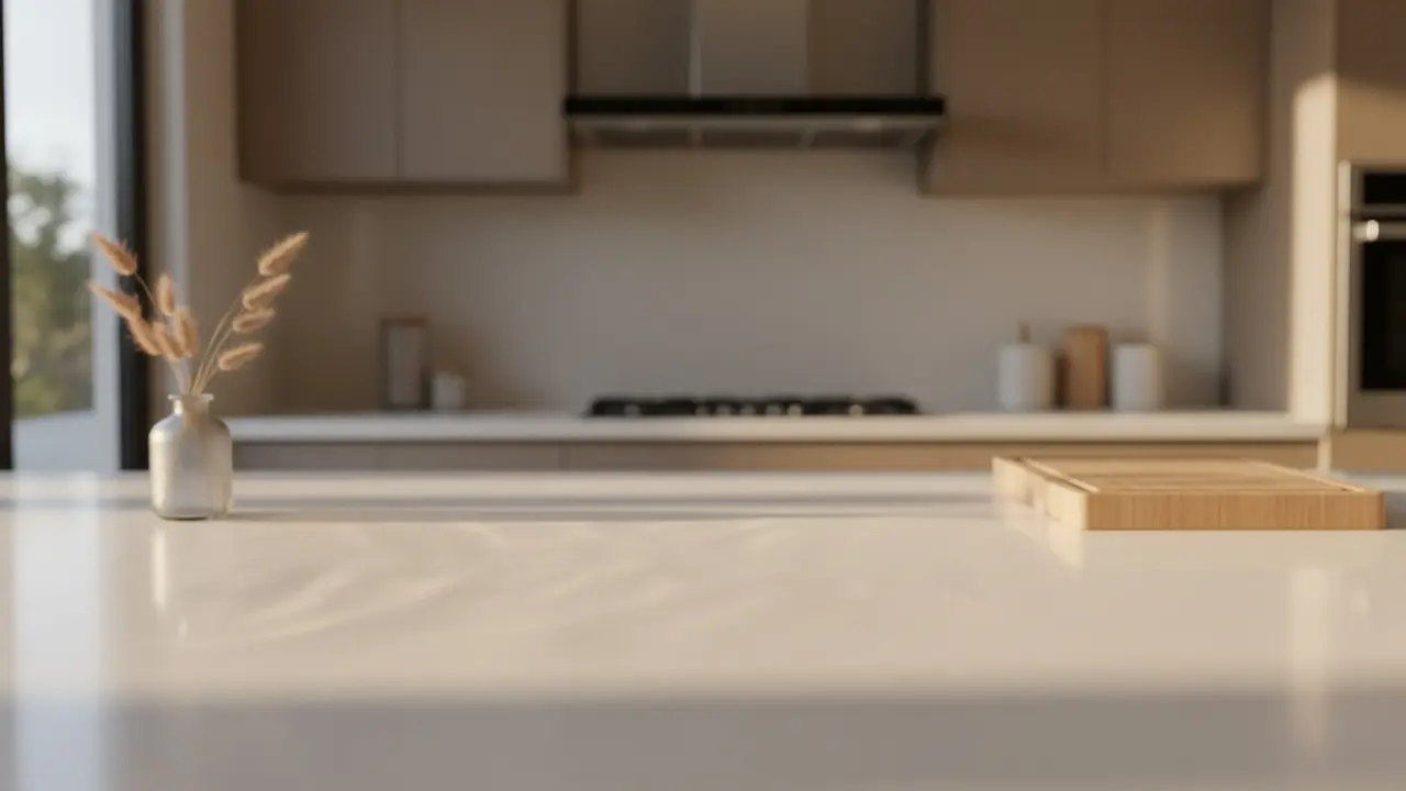 Ren og glat Corian bordplade i moderne køkken, tæt perspektiv