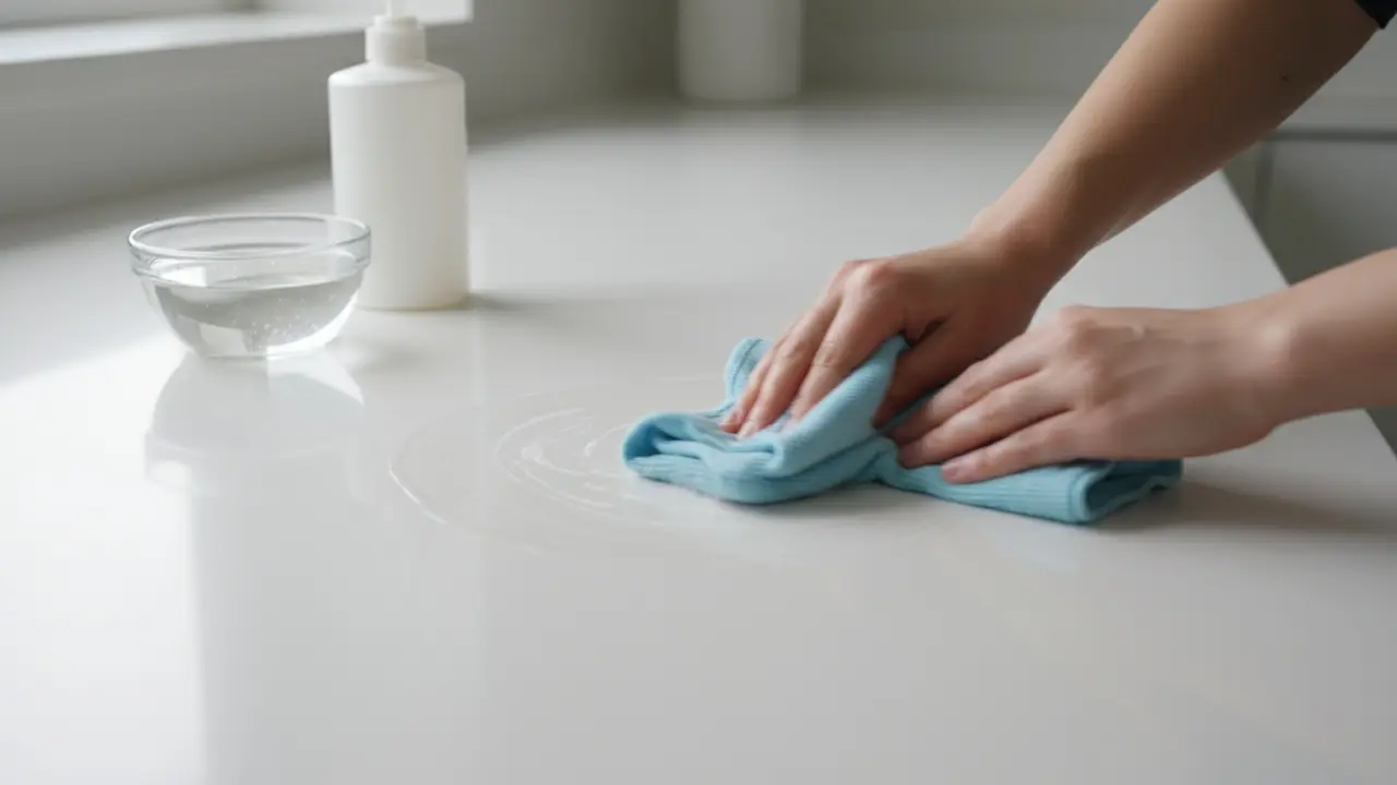 Person tørrer Corian af med mikrofiber i cirkulær bevægelse