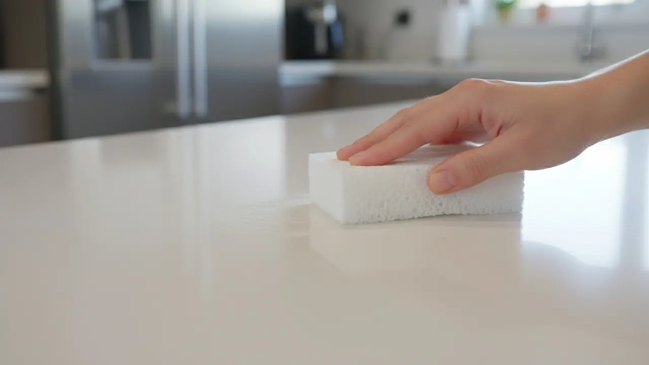 Melaminsvamp bruges forsigtigt på Corian for at fjerne kalkaflejring