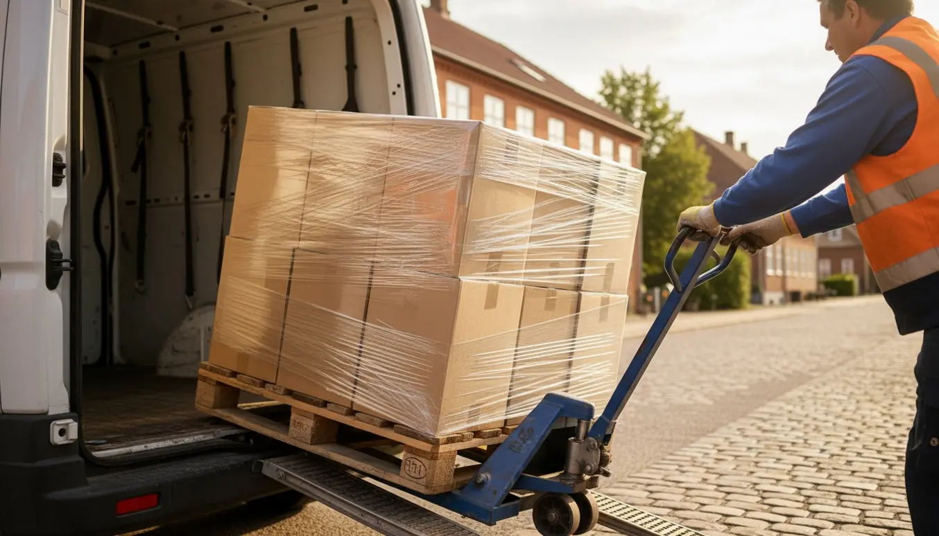 En palle med kasser læsses i en ubrandet varebil med palleløfter, arbejderen ses kun bagfra.