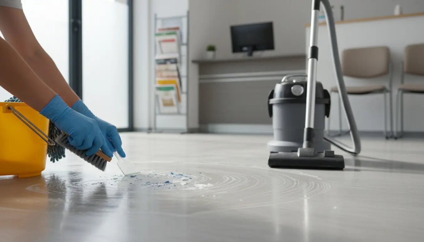 Hænder i handsker skrubber malerpletter af klinikgulv og lister med børste, støvsuger og moppe i et lyst venteområde.