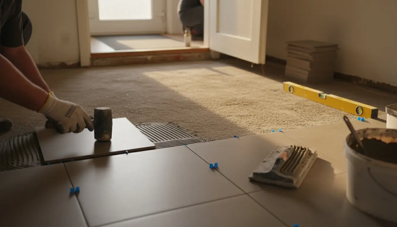 Udeindgang til lejlighed under renovering med nye klinker, værktøj og hænder, der lægger fliser.