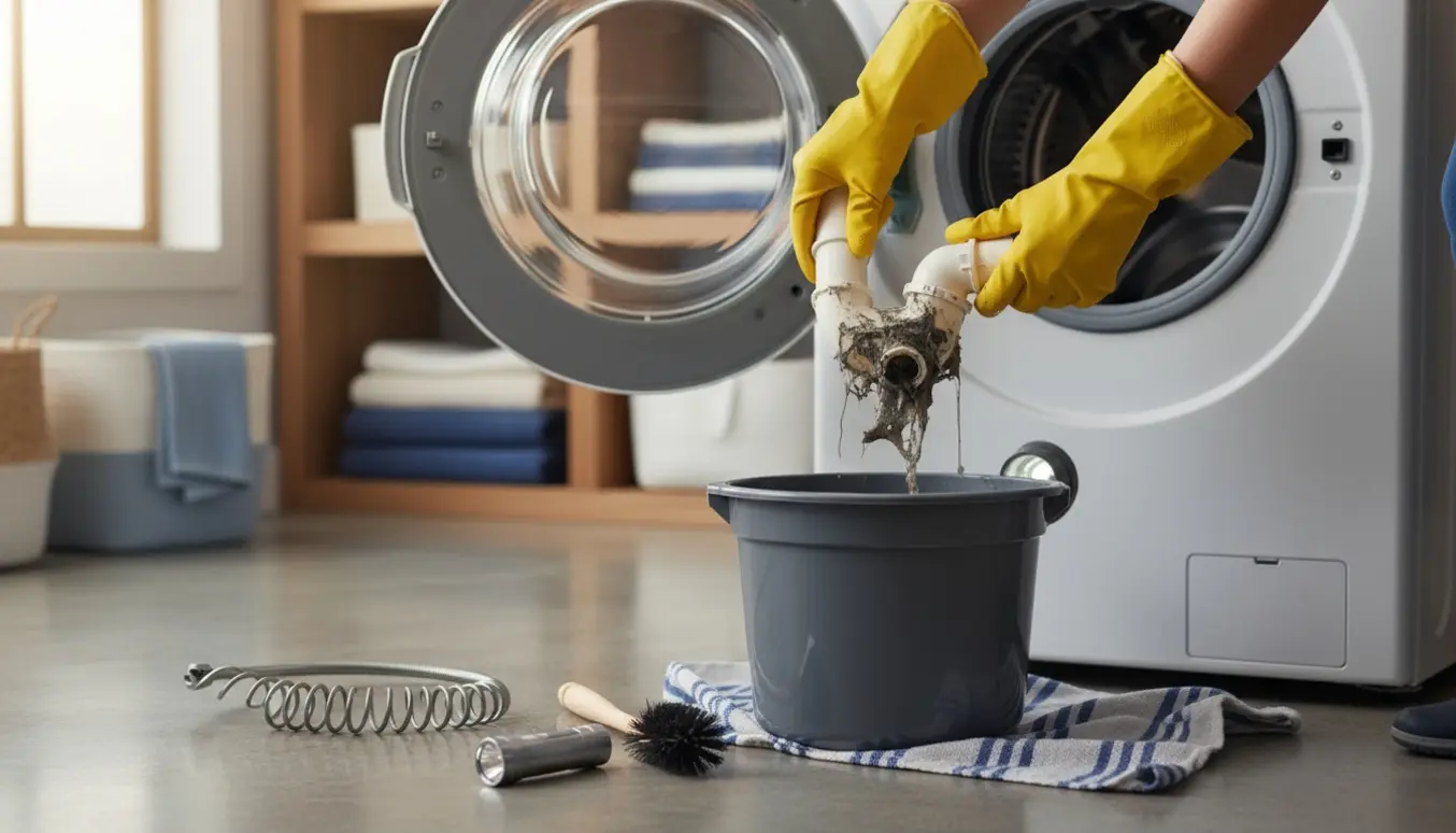 Hænder i gummihandsker renser et næsten tilstoppet vaskemaskineafløb med afløbsfælde og spand.