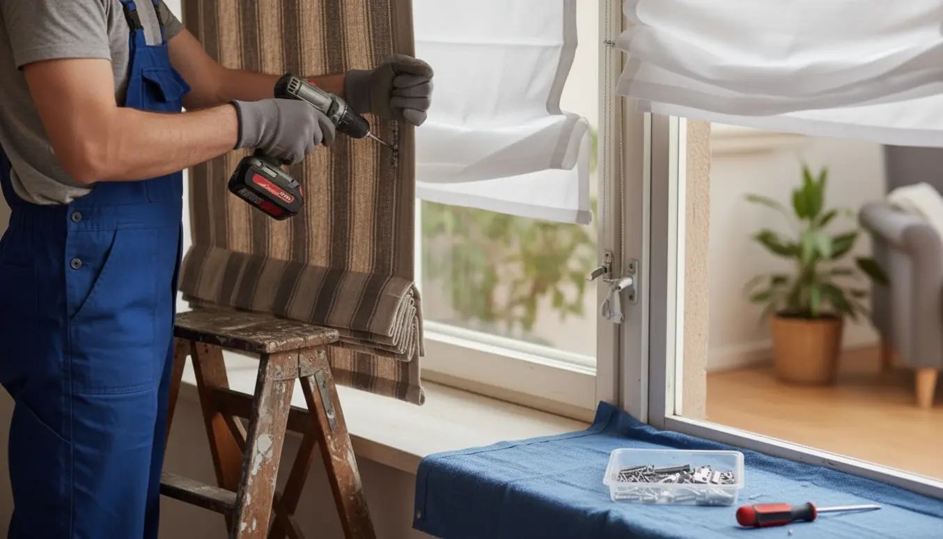 Hænder afmonterer et foldegardin og et rullegardin fra et vindue i et lyst rum.