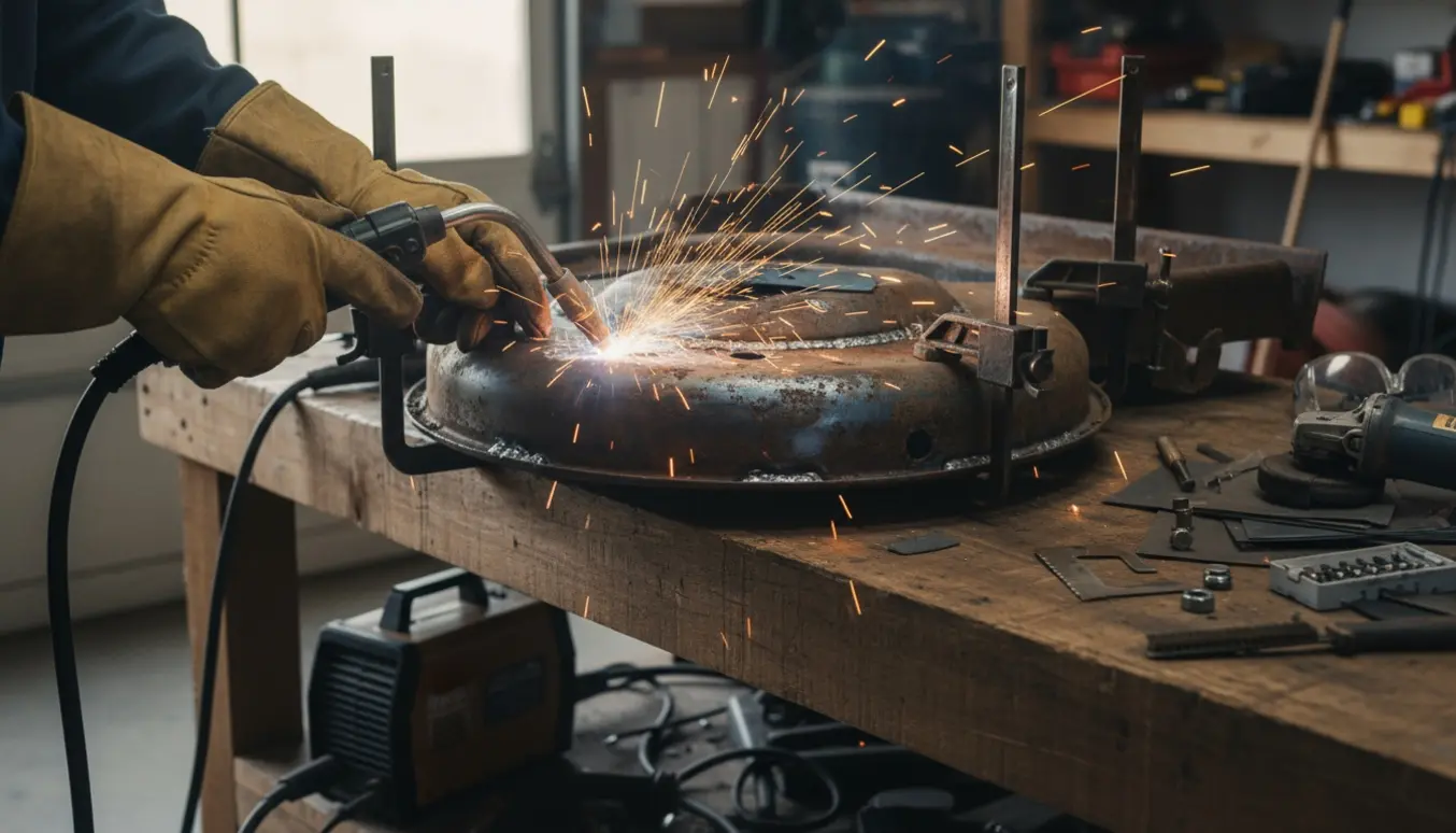 Svejsearbejde på et rustent klippebord i et værksted med værktøj omkring.