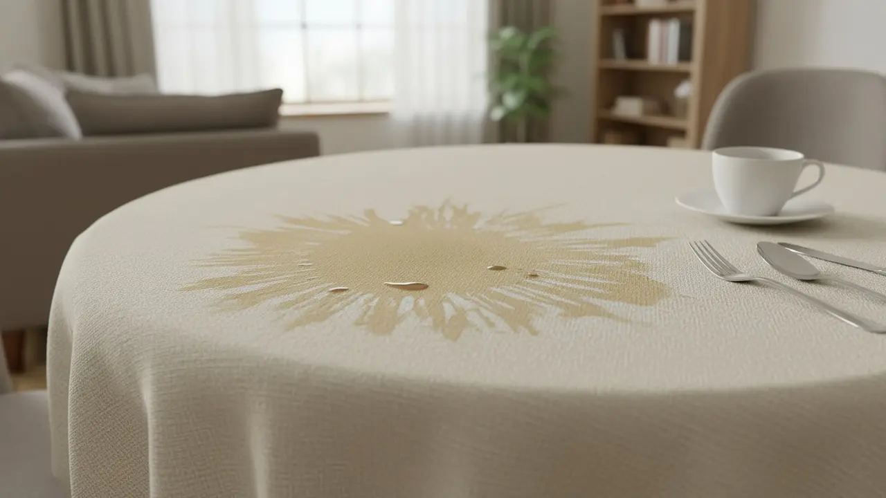 Bord med lys dug og synlig kaffeplet ved et dækket bord