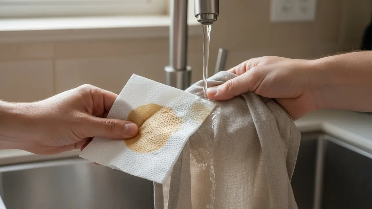 Nærbillede af at duppe kaffeplet med køkkenrulle og skylle bagfra med koldt vand