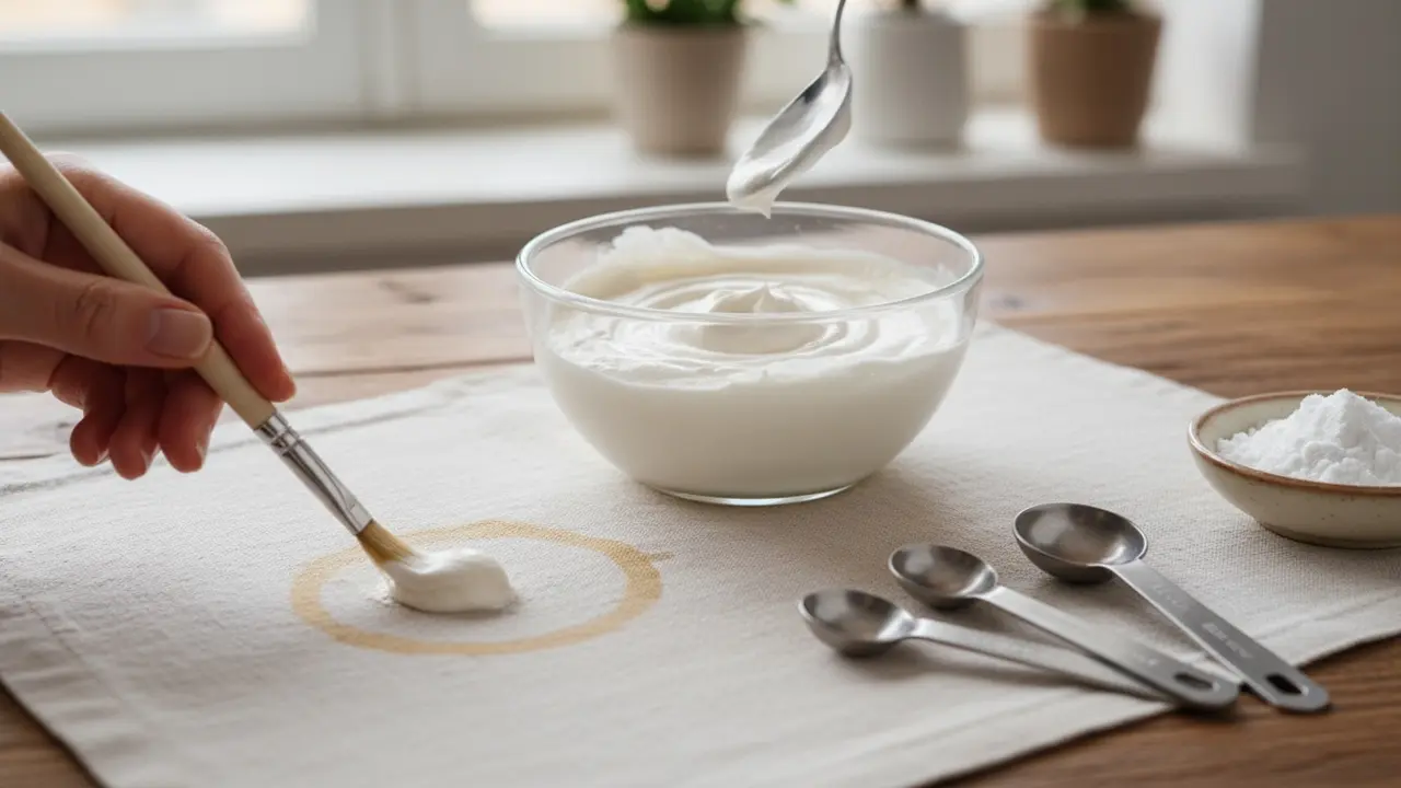 Skål med bagepulverpasta og påføring på kaffeplet med finger eller blød børste