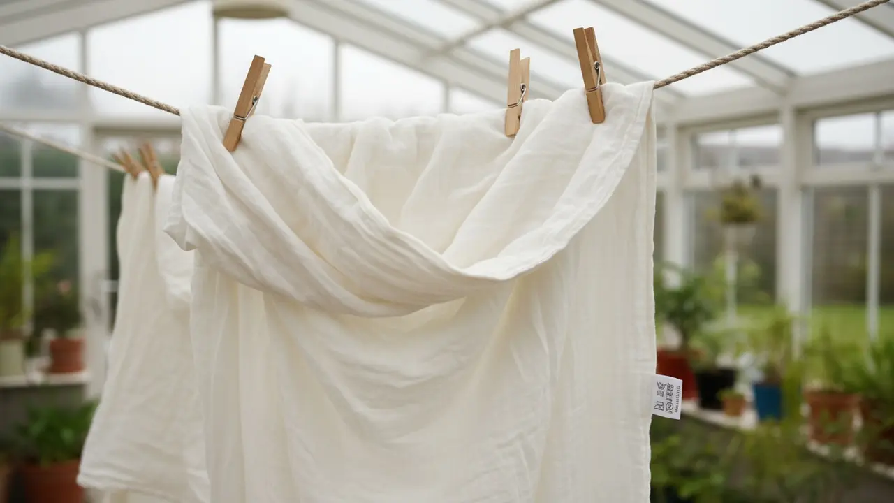 Dug hængt til lufttørring indendørs/overdækket, væk fra direkte sollys