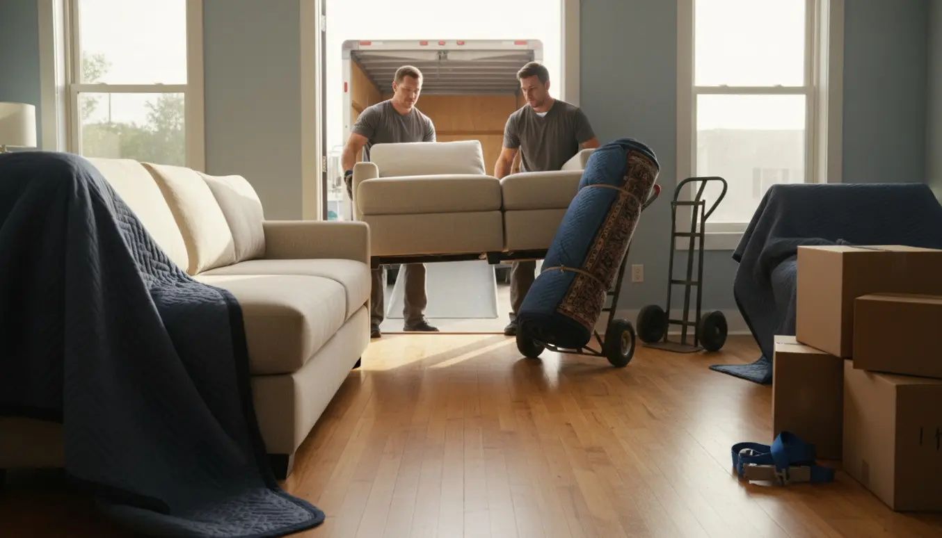 To flyttemænd bærer en stor, tredelt sofa og et langt sammenrullet tæppe gennem en lys døråbning.