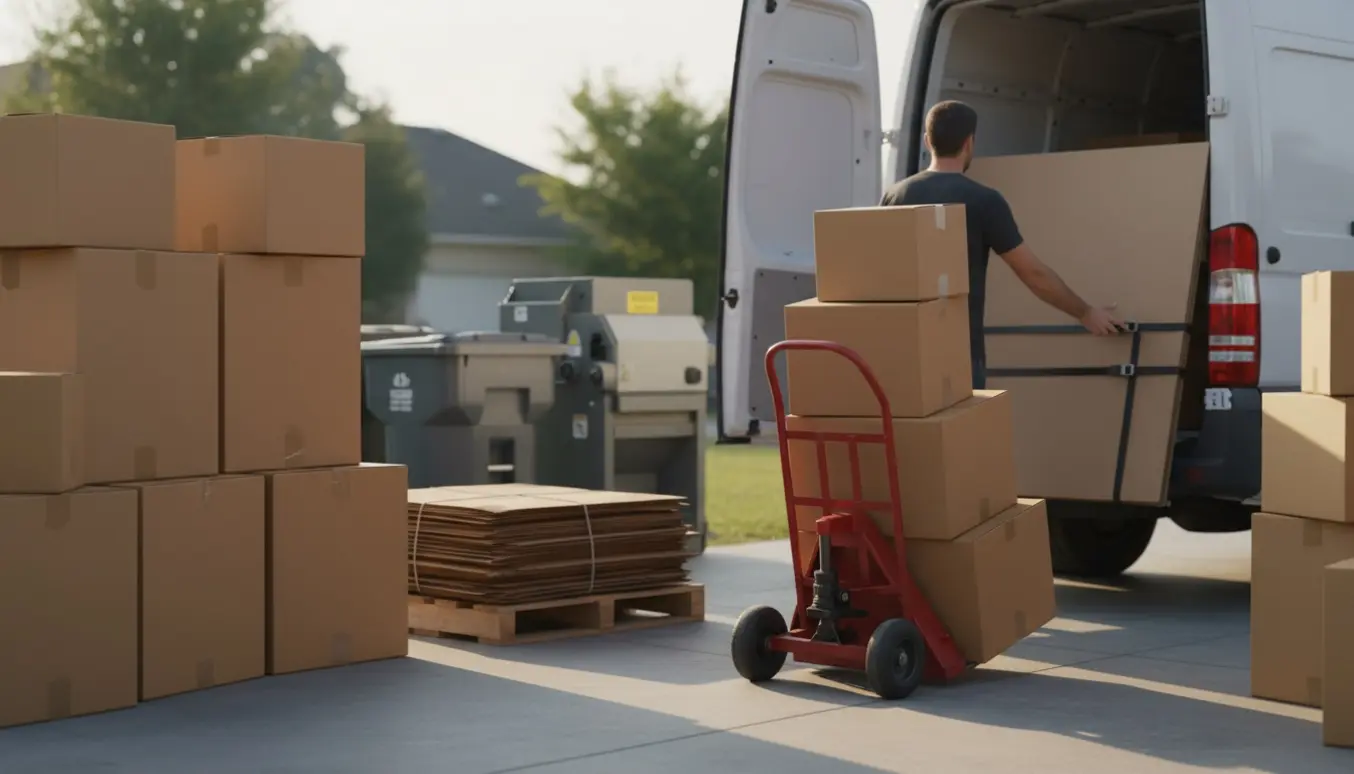 Person læsser omkring 40 flyttekasser ind i en varevogn ved en genbrugsplads.
